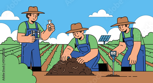 Three modern farmers conducting scientific soil analysis in a sunny field using test tubes and a digital meter, illustrating agritech and sustainable farming