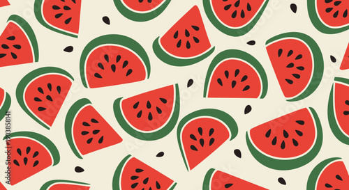 Seamless pattern of stylized red watermelon slices with green rinds and black seeds in a playful, flat design on a light cream background, a vibrant summer fruit illustration