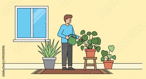 Man watering a collection of indoor plants with a green watering can, enjoying a peaceful domestic routine and hobby in a minimalist illustrated room