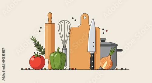 Collection of kitchen utensils and fresh vegetables for cooking, including a cutting board, knife, pot, and rolling pin, in a clean flat vector illustration style on a light background