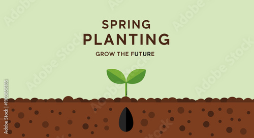 Tiny green plant sprout growing from a single seed underground in a cross-section of soil, a minimalist vector illustration symbolizing new life, hope, and spring planting