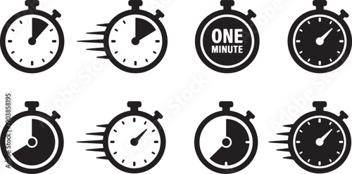 Set of black and white stopwatch icons representing time, speed, and deadlines