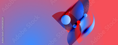 Abstract composition featuring overlapping shapes, vibrant colors. Blue, red hues blend creating dynamic visual effect. Spheres add depth.