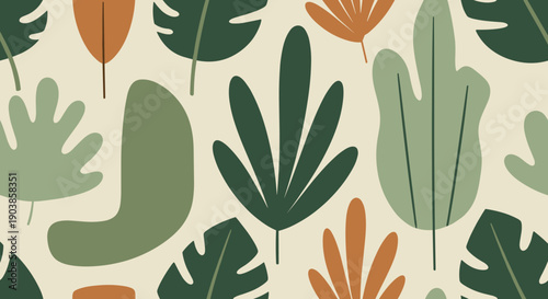 Seamless pattern with abstract hand drawn leaves in a modern minimalist style featuring an earthy color palette of green and terracotta on a light beige background