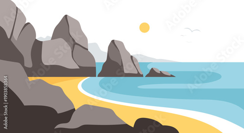 Serene coastal landscape in a minimalist flat design style, featuring a yellow sandy beach, grey rocks, calm blue sea, and a bright sun with flying birds in the sky