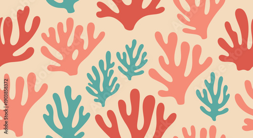 Abstract coral and seaweed shapes in red and teal create a seamless pattern on a beige background, a modern minimalist illustration with a natural, organic feel