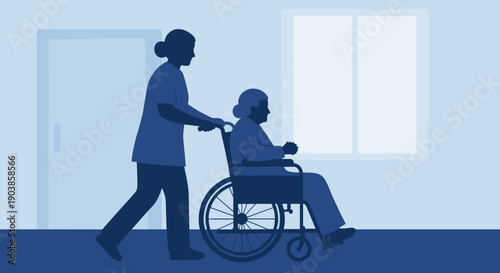 Caregiver pushing an elderly woman in a wheelchair through a hospital corridor, a minimalist blue silhouette illustration showing support, care, and assistance for seniors