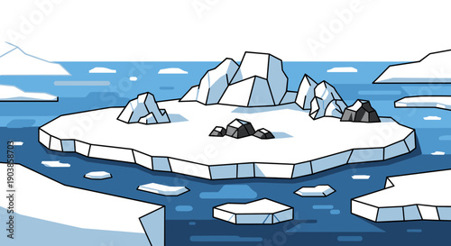 Large ice floe with rocks cartoon illustration floating in a cold blue polar sea, a minimalist vector landscape of an arctic or antarctic scene with floating icebergs