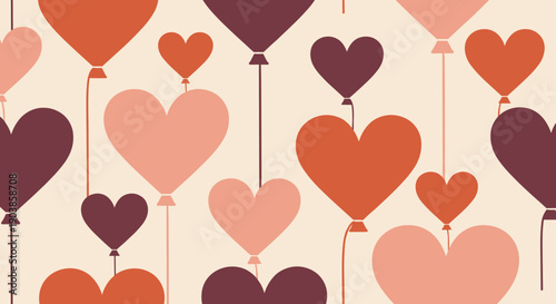 Heart shaped balloons in warm retro colors create a romantic seamless pattern for Valentine's Day celebrations, a minimalist graphic illustration on a light cream background