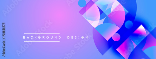 Abstract gradient background features overlapping geometric shapes. Vivid purple, blue hues create dynamic visual effect. Text reads background design.