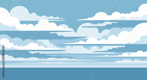 Beautiful blue sky with white clouds illustration in a flat cartoon style, showing a serene and peaceful daytime weather scene over the calm ocean for a nature background