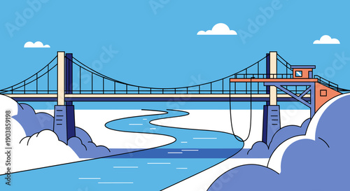 Colorful suspension bridge illustration spanning a winding river in a minimalist flat design style with a clear blue sky and simple white clouds in the background