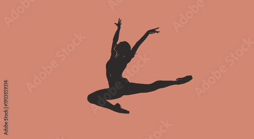 Black silhouette of a graceful female dancer leaping elegantly in the air with arms raised, a minimalist vector illustration on a muted terracotta background