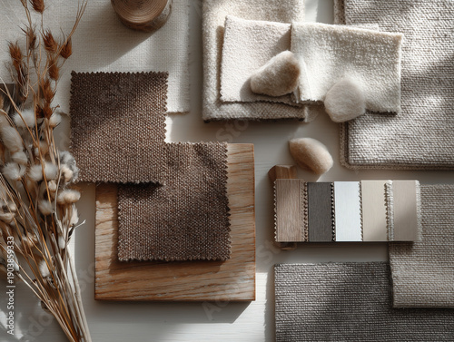 Fotografi Interior Decor Mood Board with Fabric Samples, Neutral Color Palette, Natural Te