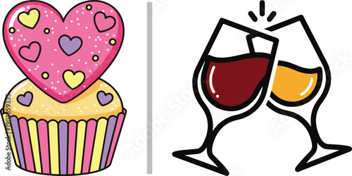 A vibrant vector illustration featuring a cupcake topped with a large, heart-shaped cookie and two wine glasses clinking in a celebratory toast. A festive design for parties and romantic events.
