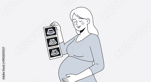 Happy pregnant woman holding an ultrasound scan of her baby, smiling with her eyes closed and touching her belly in a minimalist line art illustration on a light background