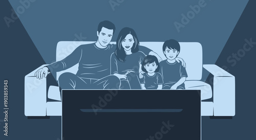 Happy family illustration of four people sitting on a couch together watching television in a dark room, illuminated by the screen's glow in a cozy monochrome blue style