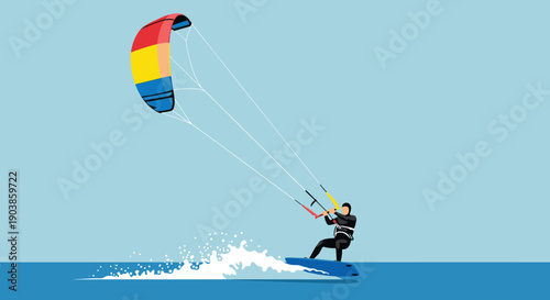 Kitesurfer in a black wetsuit rides a blue board across the water with a colorful kite, creating a splash in this dynamic vector illustration on a blue background