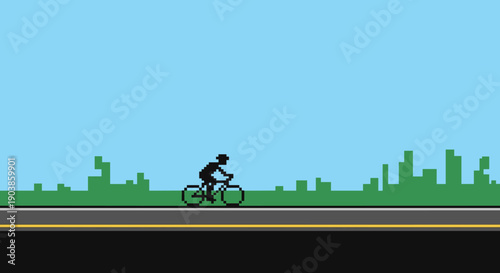 Pixelated black silhouette of a cyclist rides on an empty asphalt road with a green city skyline in the background, representing a retro 8-bit video game aesthetic