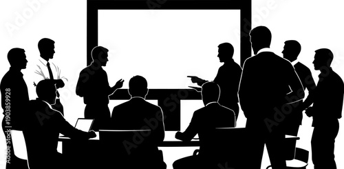 Silhouette of business team presenting in a meeting with a blank whiteboard