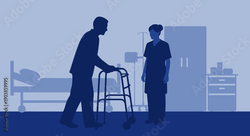 Elderly man with a walker receiving assistance from a female nurse in a hospital room, a flat vector illustration showing senior healthcare, rehabilitation, and assisted living