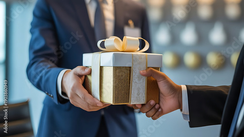 A formal exchange of a beautifully wrapped gift box between two businessmen in a professional setting.