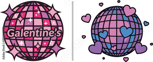 A vibrant vector collection for a Galentine's party featuring hugging friends, disco balls, group selfies, champagne toasts, spa towels, popcorn, and gift boxes.