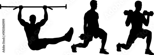 Silhouette of three people engaging in various exercises with weights and bodyweight