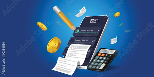 checklist, work project plan concept, fast checklist, posting plan on blue background, productivity checklist 3d.Manager or test review concept.Online paper checklist via mobile application.