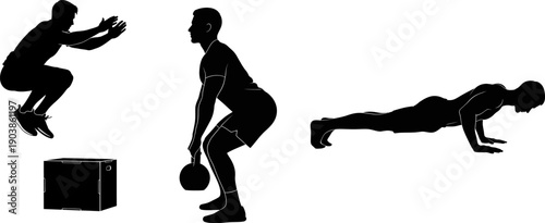 Silhouette of a person performing a box jump step down and push up exercise