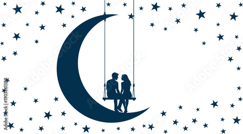 Silhouette of a romantic couple standing on a crescent moon surrounded by stars