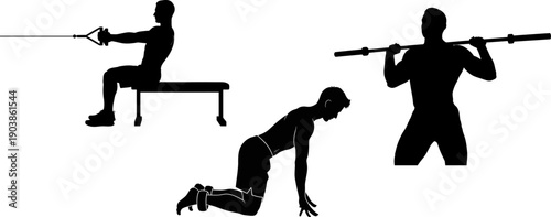 Silhouette of people exercising with swords in various positions