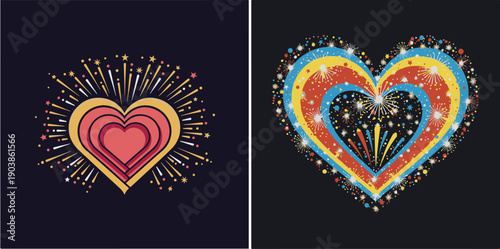 A festive vector collection celebrating love and friendship: including a hugging couple, spa towels, party selfies, cocktails, popcorn, gifts, and glowing hearts with fireworks.