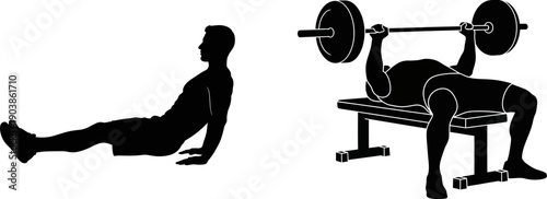 Silhouette of two people exercising with weights and bodyweight