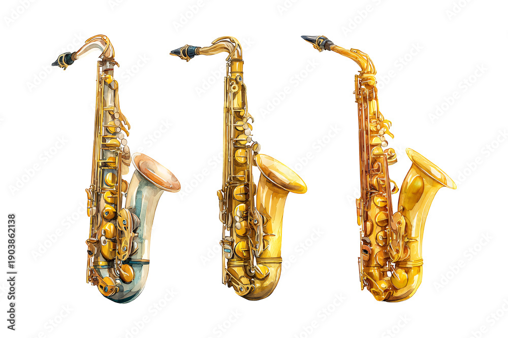 Naklejka premium Three shiny saxophones are displayed on a transparent background