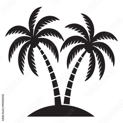 Twin palm trees on small island silhouette tropical paradise icon for vacation travel graphics summer beach destination symbol for branding and holiday resort marketing on transparent background