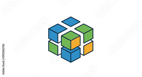 Interlocking 3D Cubes Representing Connection, Structure, and Development, Isolated White Background.