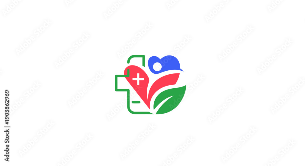 Naklejka premium Vibrant Health Care and Wellness Logo with Cross, Heart, and Leaf Elements on Isolated White Background