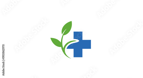 Green Leaf and Blue Medical Cross Logo Symbolizing Natural Health and Wellness on Isolated White Background