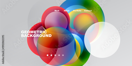 Abstract colorful circles overlap. Text labels present work, about, portfolio, contact. Geometric background design dominates dark space.