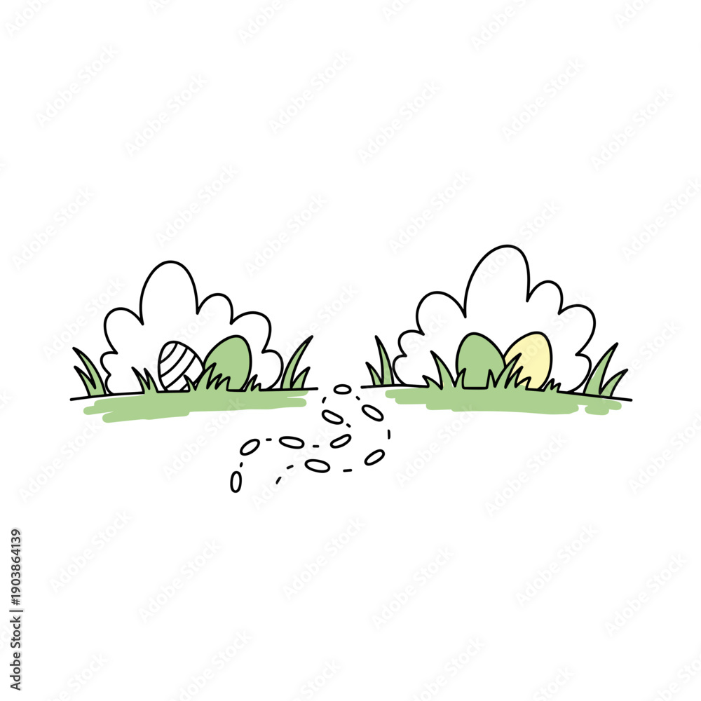 Fototapeta premium Colorful Easter eggs hidden in grass with footprints nearby 