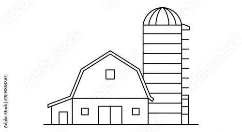 Simple black and white farmhouse with silo illustration