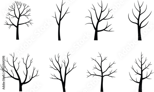 Set of leafless tree silhouettes isolated on white background for winter forest design, nature illustration, spooky landscape, minimalist vector art