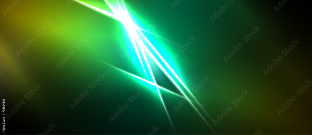 Naklejka premium Bright green light streaks across dark background. Vivid energy radiates from central point, creating dynamic visual effect.