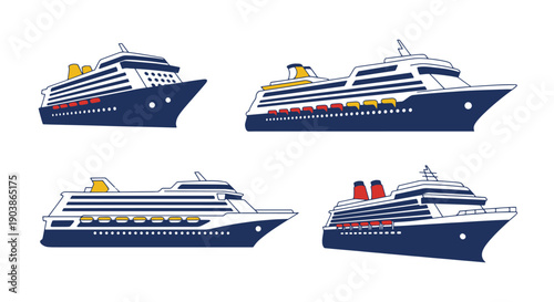 Cruise Ship Line art filed color illustration