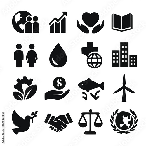 Collection of diverse black icons representing people nature business and societal concepts high quality professional