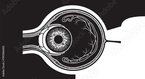 Detailed anatomical illustration of the human eye structure.