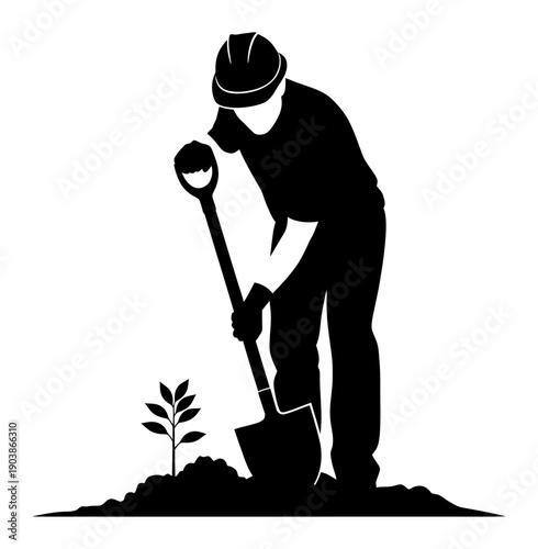 Tree Planting Silhouette - Minimalist Vector
