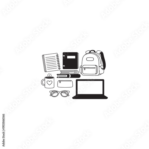 Creative Education Concept Showing Student Life Essentials, School Supplies and Online Learning Tools in Minimal Line Art Style