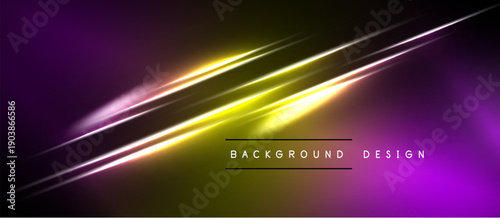 Abstract background features vibrant yellow, purple gradients. Diagonal lines create dynamic light effects. Modern design element.